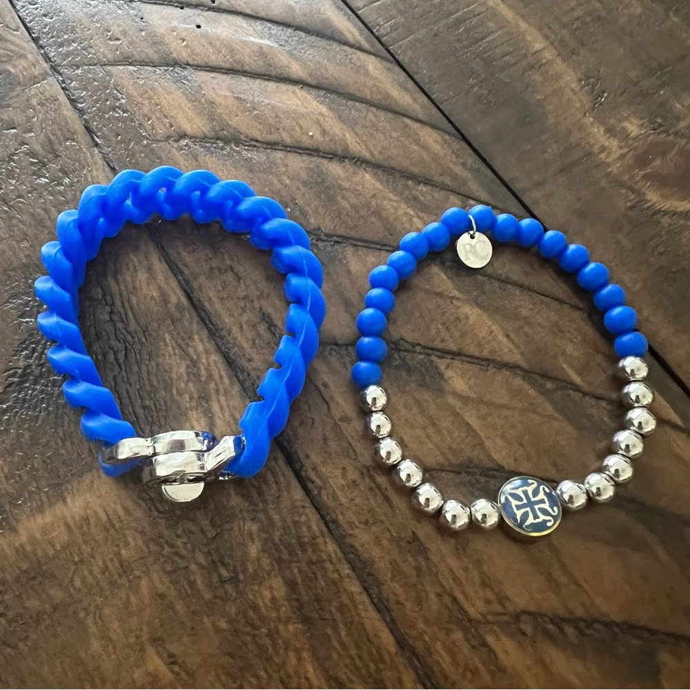 Rustic Cuff Silver Royal Blue Rubber Chain Bracelet Set (2)